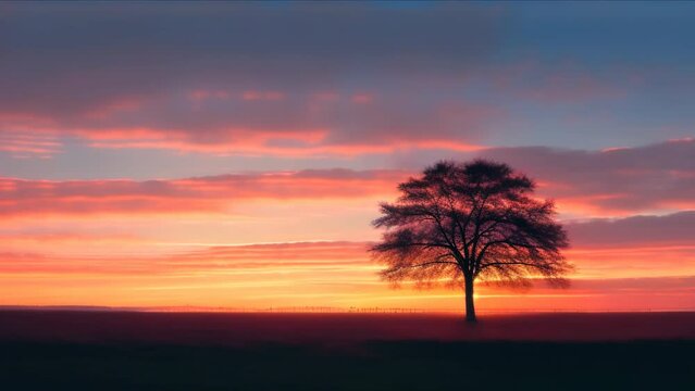 A beautiful evening scene with silhouettes of trees illuminated by the sunset, showcasing a gradient of red and orange.
