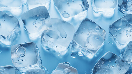 Captivating Overhead Shot of Crystal Clear Ice Cubes on Blue Background with Refreshing Droplets – Ideal Copy Space for Cool Summer Drink Concepts and Beverage Advertising