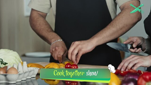 TV cooking show with young male and female chefs preparing meal together and talking in kitchen, CG animated lower third with name of program appearing below screenTV cooking show with young male and 