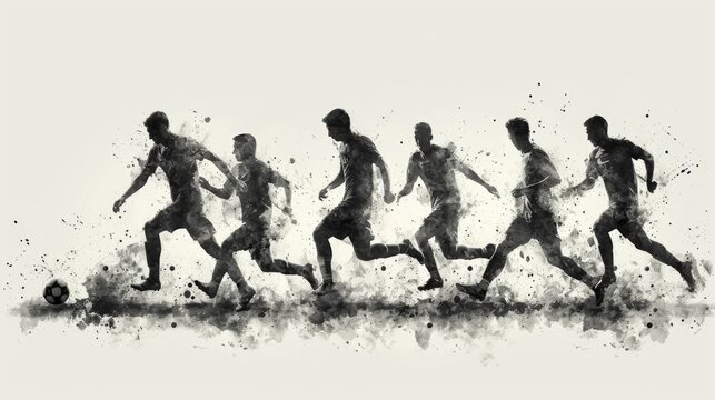 Illustration with silhouettes of football athletes in motion, plying, dribbling ball. Black and white sketch image