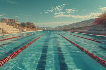 A surreal portrayal of a pool where each swim lane leads to a different fantastical landscape,