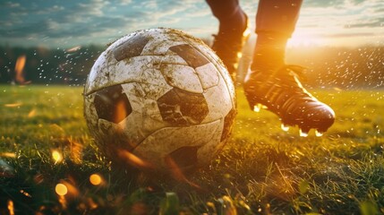 Cropped image of football ball on dirty grass. Soccer player in motion, dribbling , hitting ball during game. Outdoor stadium, daytime match