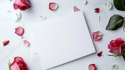 Greeting card template on a background of flowers and rose petals. White blank form isolated on a white background with space for text. Page for love letter, modern motivational calendar, promotion.