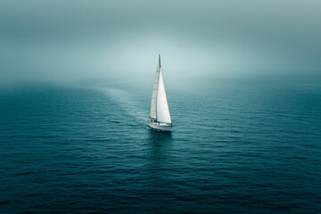 A minimalist scene of a lone, white sail on a vast, dark ocean, suggesting adventure or solitude,