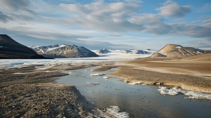 Artic landscape without snow and ice due global warming, desert in Artic. Global Warming, climate change. Melting ice