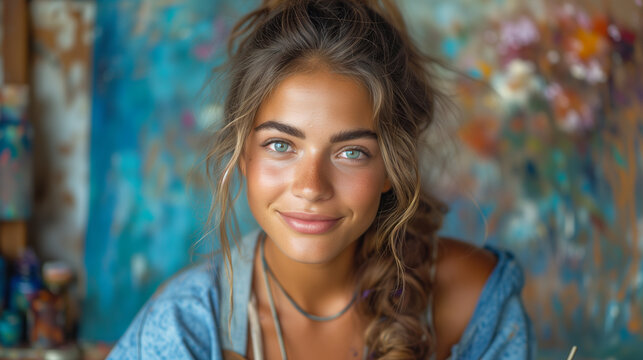 young cute woman in a light shirt and a beautiful tan with a penetrating sincere look of blue eyes, a girl artist as freshly painted paintings behind her