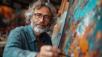 old male artist in glasses paints a large colorful painting with a brush while posing for the camera