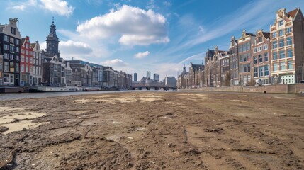 City of Amsterdam landscape panorama as heavily drought, dry channels of the city. Global Warming,...