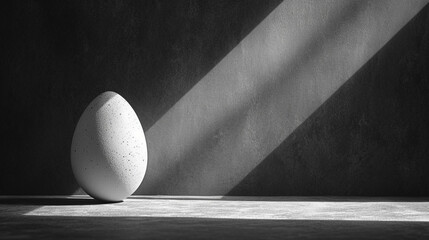An illustration of a lone egg casting an elongated, dramatic shadow across a stark surface, - obrazy, fototapety, plakaty