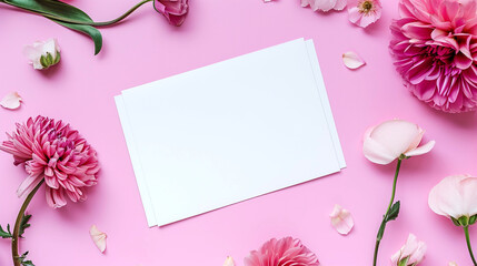 Flowers composition. Greeting card mockup on pink background. lush dahlia flowers and fragile pink Peruvian lily. Flat lay, top view, copy space.