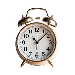 Golden old fashioned alarm clock isolated on transparent background