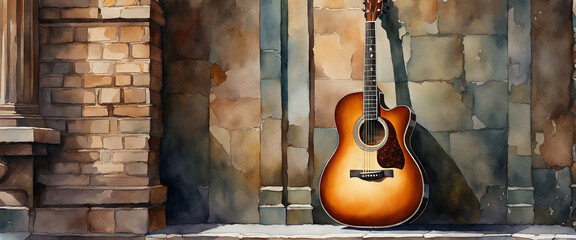 An acoustic guitar leaning against the wall. Illustration in watercolor style. - obrazy, fototapety, plakaty
