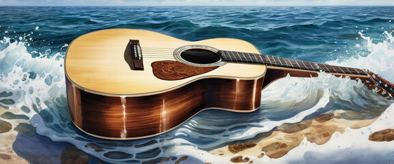 Acoustic guitar on the beach. Illustration in watercolor style. Waves of blue sea and acoustic guitar. - obrazy, fototapety, plakaty