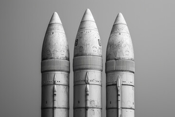 A portrayal of three rockets arranged in a perfect triangle against a monochromatic backdrop, symbolizing coordination and precision,