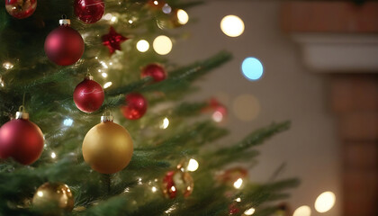 Christmas tree with baubles and garlands on blurred background, closeup. Generative AI