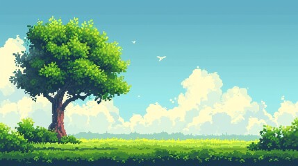 Pixelated Serenity: Lone Tree in a Pastoral Landscape