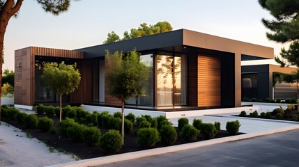 Modern luxury minimalist cubic house, villa with wooden cladding and black panel walls and landscaping design front yard. Residential architecture exterior. - obrazy, fototapety, plakaty