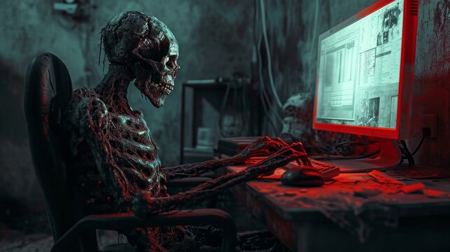 Skeleton Using Computer, A Eerie Image of a Skeleton Sitting in Front of a Computer Screen