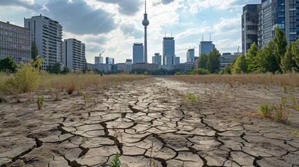 City of Berlin landscape panorama as heavily drought, dry Sprea river, a desert city
