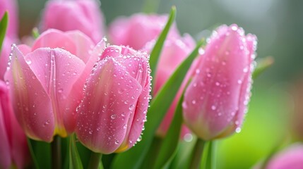 Stunning Close-Up of Pink Tulips With Glistening Water Droplets