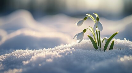 Snowdrops Sprout From Snow on Sunny Day