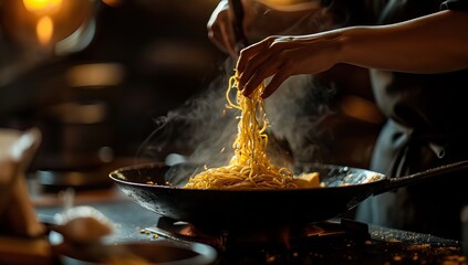 Close-up of woman cooking spaghetti in a pan at night kitchen