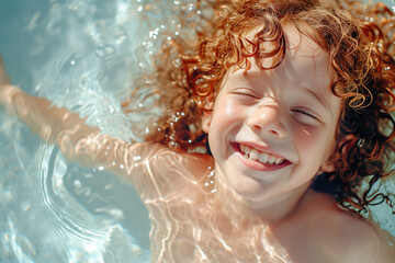 Portrait of small red-haired boy bathes in an open-air swimming pool, family summer leisure. Swimming Fun. Portrait of smiling boy in a swimming pool. Boy in Pool