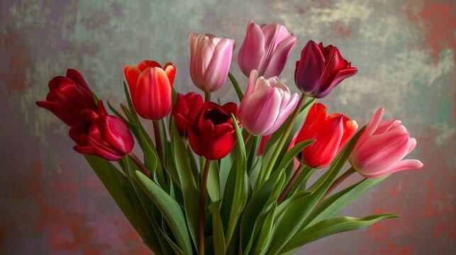 Vase Filled With an Abundance of Pink and Red Tulips