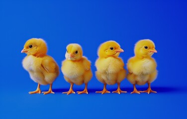 Fototapeta premium Adorable baby chicks on bright blue background. 