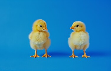 Two adorable little yellow chicks on bright blue background. 