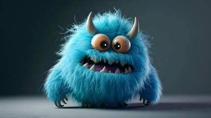 Fototapeta premium Blue Furry Monster With Big Eyes and Big Teeth, Adorable Creature Captivating With Its Bright Blue Fur and Expressive Features