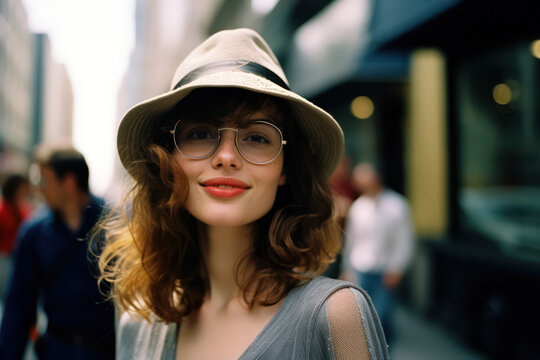 Stylish and Happy Young Women Posing in Urban Street, Wearing Fashionable Hats and Sunglasses, with Gorgeous Curly Hair, Against a Modern City Background
