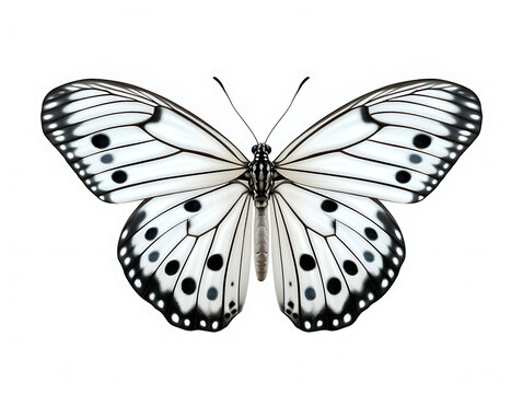 Close-up of a beautiful black and white butterfly portrait from above. Isolated within a white-colored background. Created with Generative AI.