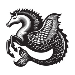 Mythical creature. hippocampus, Half horse, half fish. Sea Horse. Ancient Greek mythology. Vintage retro engraving vector illustration. Black icon, logo, label. isolated element. png