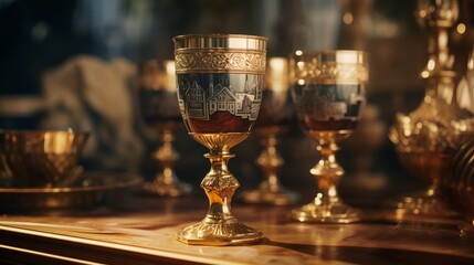 Close-Up of Two Wine Glasses on Table, Passover - obrazy, fototapety, plakaty