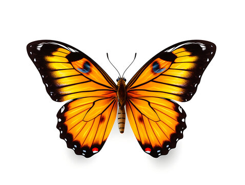 A close-up portrait of a beautiful butterfly from above. A butterfly with a color combination of orange, black, and white. Isolated within a white-colored background. Created with Generative AI.