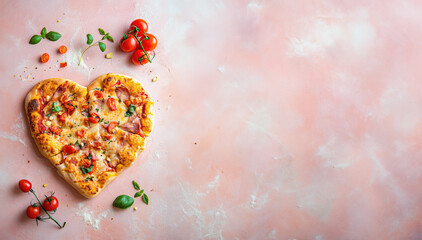 homemade italian pizza in heart shape for valentines day romantic date love with pink pastel background in editorial magazine look with salami basil  - obrazy, fototapety, plakaty