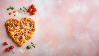 Poster homemade italian pizza in heart shape for valentines day romantic date love with pink pastel background in editorial magazine look with salami basil  © MaryAnn