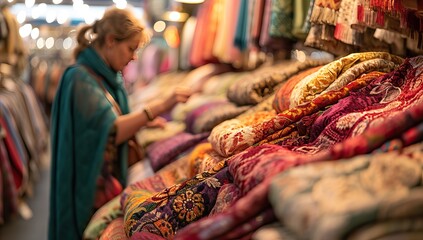 Fototapeta na wymiar Woman chooses colorful shawls at the bazaar