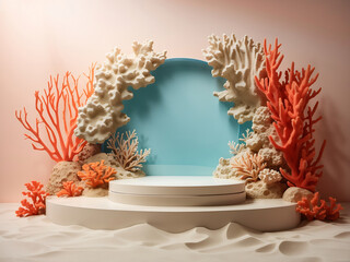 Podium for product display and presentation. Coral underwater mockup with sand design.