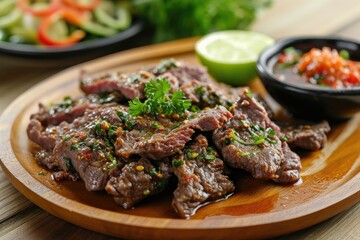 Beef Lok Lak with pepper lime dip made of beef fillet, black Kampot pepper, fish sauce, palm sugar, parsley dill mint, Lolo Rosso, limes, clean wooden background