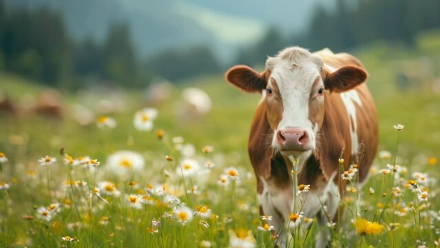 Cute white brown milky cow eat grass at meadow with flowers. Cattle grazing at farm pasture. Agriculture animal. Beautiful rural nature. Green field. Meat production industry. Happy pet. Vegan concept