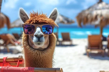 Deurstickers llama in sunglasses take a selfie on the beach. Beach holiday, vacation concept. Funny alpaca in a beach hat resting on the beach in summer close-up. Cute alpaca lama in a straw hat against  © Nataliia_Trushchenko