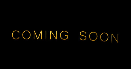 Coming Soon typographic announcement golden shiny glittering text animation. Promotion discount and sale text motion graphic. Advertisement Golden film movie broadcast alert title reveal.