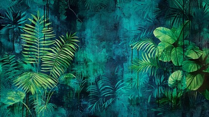 Abstract art inspired by a tropical rainforest with lush greens and exotic patterns background