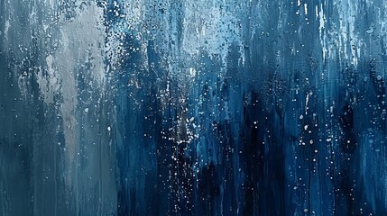 Abstract art inspired by the rain with droplets and splashes in blues and grays background
