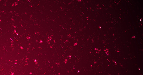 Ember particles hot fire dust burning flying up on black background. Hell backdrop glittering cosmic dust motion flames fiery flaming defocused ember sparkles blazing in sky. Cosmic explosion. - obrazy, fototapety, plakaty