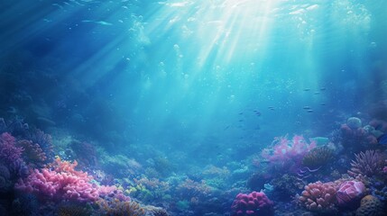 Abstract depiction of a dreamy underwater world with coral reefs and marine creatures background