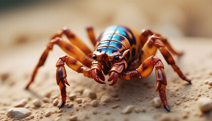 Close-up shot of a red and blue spider on the ground. Generative AI