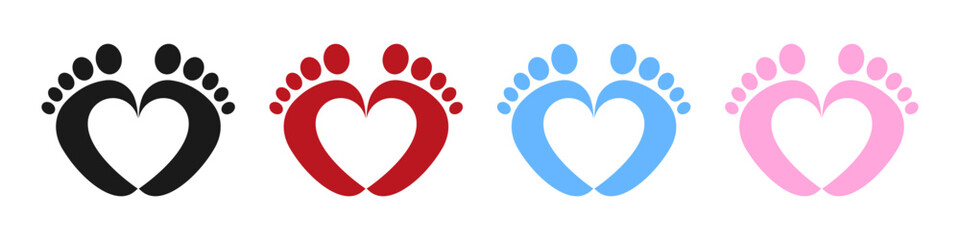 Baby foot barefoot heart icon. Set.